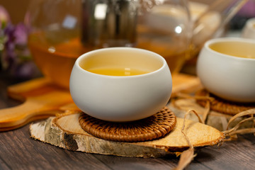 Fresh green tea in Japanese tea cups