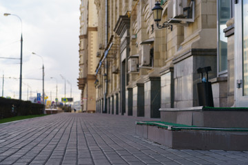 Moscow city view in day time. Defocused perspective. No people at the street.