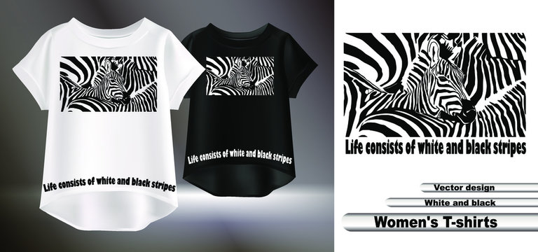 Fashionable print for t-shirts. Artistic image of a striped zebra. Vector illustration of a realistic women's t-shirt. Isolated image of a printable pattern for clothes.