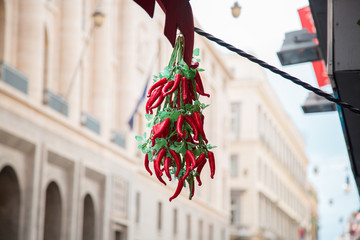 Spicy chillies hanging from a stand of typical Napolenat products