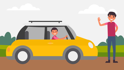 Driving instruction Father Son Activities Perfect Family Bonding spend time together.children is essential to their growth and development and to the type of human.vector illustration in flat cartoon.