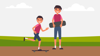 Skateboarding Father Son Activities Perfect Family Bonding spend time together.children is essential to their growth and development and to the type of human.vector illustration in flat cartoon.