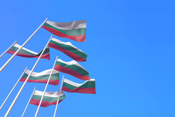 Bulgaria flags waving in the wind against a blue sky. 3D Rendering