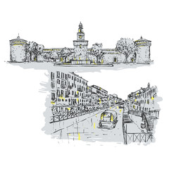 Vector illustration of Sforza Castle and Navigli. Architectural sketch of Milan great for banner, poster and cards.