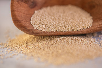 filled frame dried dry yeast  dried and fresh yeast on a white kitchen bacground with wooden rolling pin