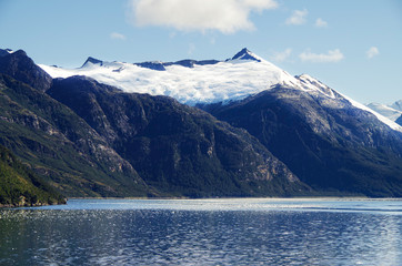 Breathtaking panoramic view of mountains and glaciers along Beagle Channel in Glacier Alley...