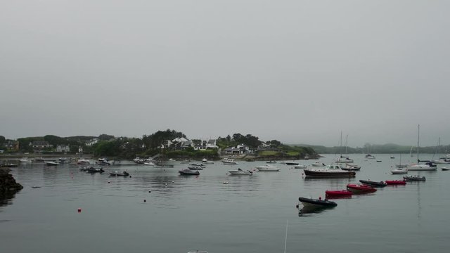 boats in a harbour with mist