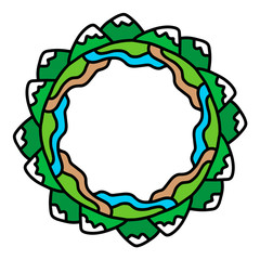 Hills mountines rivers roads hand drawn vector mandala wreath frame in cartoon comic style