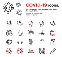 20 Coronavirus (Covid-19) Icons, pixel perfect, created on 24x24px grid, ready for all mobile platforms, web and print, easy to change color or size