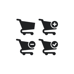 Shopping cart for web online market black isolated vector icon. Trolley cart with minus, plus, add, remove and tick glyph symbol.