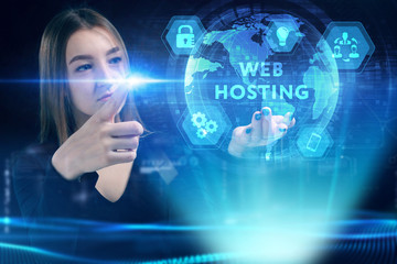 Business, Technology, Internet and network concept. Young businessman working on a virtual screen of the future and sees the inscription: Web hosting