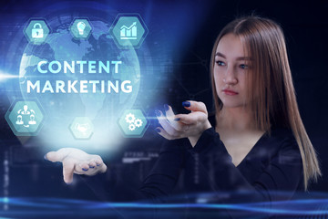 Business, Technology, Internet and network concept. Young businessman working on a virtual screen of the future and sees the inscription: Content marketing