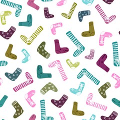 Seamless pattern with pink and green striped and hearted socks on white background