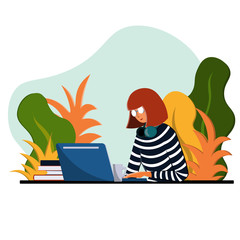 A young woman sits at a desk and works at a laptop. Illustration in a flat style on the theme of work and business.