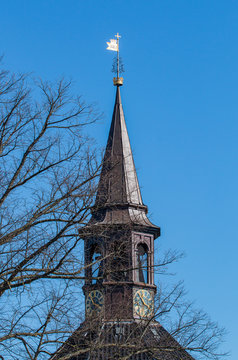 church tower with clock and a tree 