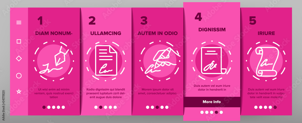Poster signature signing onboarding icons set vector. human own signature on partnership agreement and mess