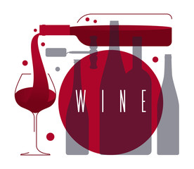 Wine glass with a drink and a bottle of alcohol. Graphic poster, icon, vector banner with red grape wine, glass, bottles and corkscrew.
