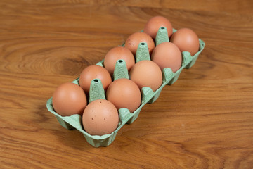 Organic eggs on table, flat lay, background