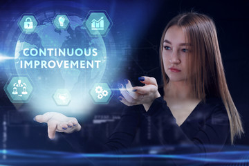Business, Technology, Internet and network concept. Young businessman working on a virtual screen of the future and sees the inscription: Continuous improvement