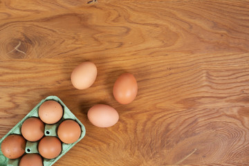 Organic eggs on table, flat lay, background