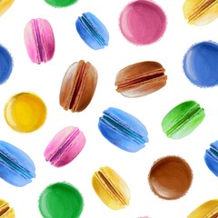 Seamless pattern with pink, brown, blue, yellow and green macaroons