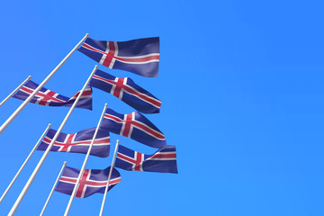 Iceland flags waving in the wind against a blue sky. 3D Rendering