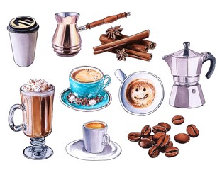 Set of coffee cups and beans illustration