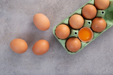 Eggs, raw eggs on table, flat lay, background