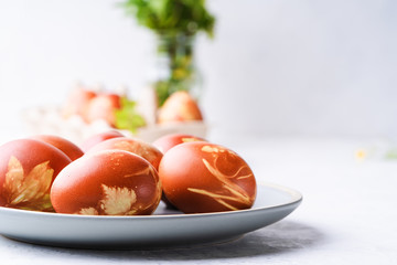 Easter eggs dyed with onion shells and springtime  plants, sustainable living