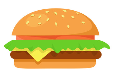 tasty hamburger with beef meat cutlet, salad, sliced tomato, cream cheese on a sesame bun. hamburger isolated on white with melted cheese. Vector flat design