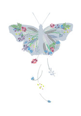 Isolated on white beautiful vector butterfly with flowers