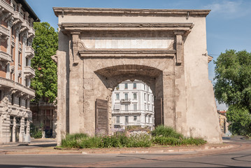 Fototapeta na wymiar Porta Romana (Roman Gate) In Milano, Italy empty of people during covid19 Coronavirus epidemic