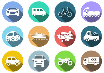 flat icons set, transportation, Airplane, Car, Truck, Bus, Train, Bicycle,Car front,Motorcycle,Pickup truck,Boat,vector illustrations