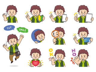 美容師の男性バリエーション　初心者マーク　スマートフォン　タブレット　虫眼鏡　クレジットカード　ハート　OK　NO