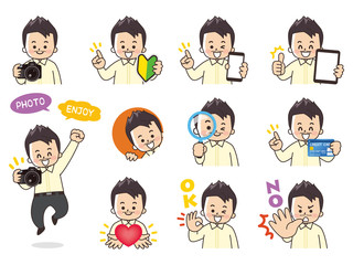 カメラマンの男性バリエーション　初心者マーク　スマートフォン　タブレット　虫眼鏡　クレジットカード　ハート　OK　NO