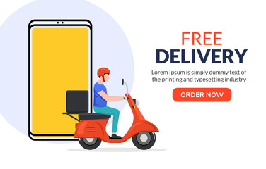 Free delivery boy phone service. Delivery man food or pizza motorcycle service, online order courier