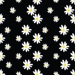 Repeat Daisy Flower Pattern with black background. Seamless floral pattern. Stylish repeating texture. 