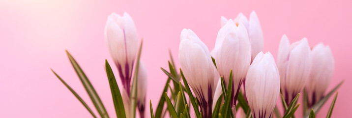 White crocus flower on pink background. Spring blossom