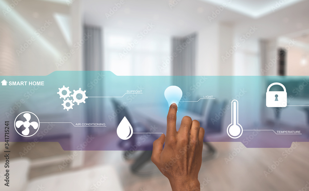 Poster Internet of things. Millennial guy using remote smart home control system, pushing button on virtual screen, collage