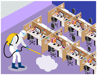 Office sanitizing for covid-19 corona virus. Disinfecting workstation area in office. Pest control and sanitize services for office premises. Men is wear PPE suit and spraying in workstation desk.