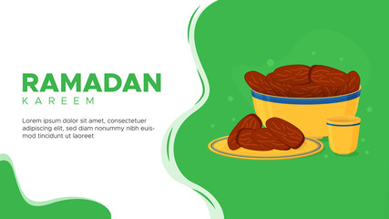 Ramadan Kareem website header with kurma food. Islamic landing page background. Date palm food in a bowl.