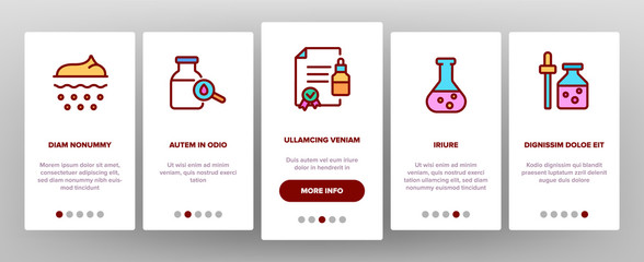 Serum And Cosmetic Onboarding Icons Set Vector. Serum Formula And Production, Chemical Laboratory Research And Test, Container And Flask Illustrations