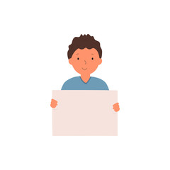 Smiling school boy with an empty placard in his hands isolated on white background. Young boy holding a blank sheet with a place for text. Flat vector illustration