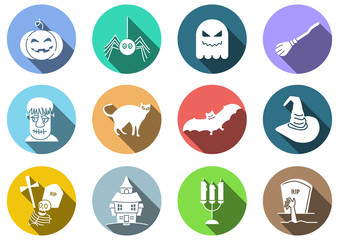 flat icons set of Halloween,witch hat,pumpkin,ghost,witch broom,cat,bat,candle,spider,tombstone,house,zombie,Hand reaching from the grave,vector illustrations