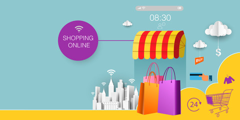 Online Store Shop, virtual digital shopping on mobile application Vector illustration.