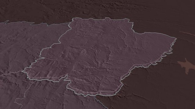 Bragan&ccedil;a, district with its capital, zoomed and extruded on the administrative map of Portugal in the conformal Stereographic projection. Animation 3D