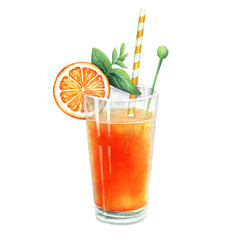 Orange citrus cocktail in clear glass. Decorated with a mint, tube. Isolated on white background. Hand drawn watercolor illustration for design cooking site, menu, books, pub, poster, label, logo.