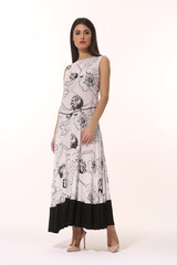 young business woman executive posing in long brown sleeveless summer dress full body length isolated on white