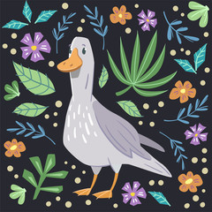Duck or goose with set of leaves and flowers. Cute character poster.  Vector hand drawn illustration.