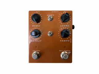 Isolated brown modern delay stomp box effect on white background with work path.